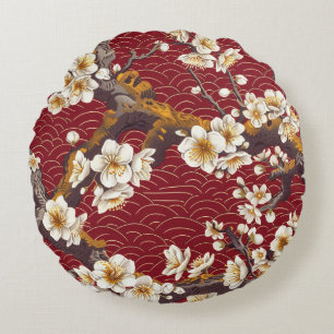Elegant Cherry Blossom Seamless Pattern (17) Round Pillow