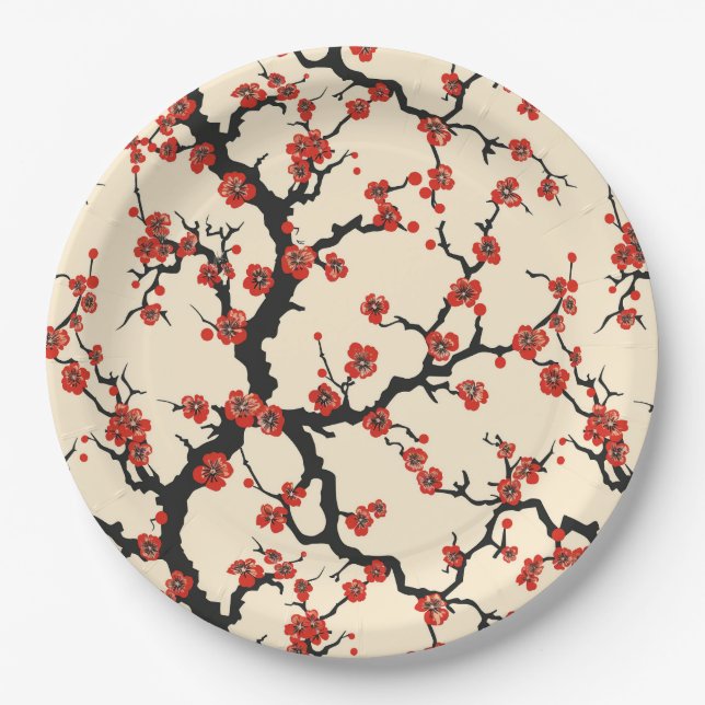 Elegant Cherry Blossom Seamless Pattern (1) Paper Plates (Front)