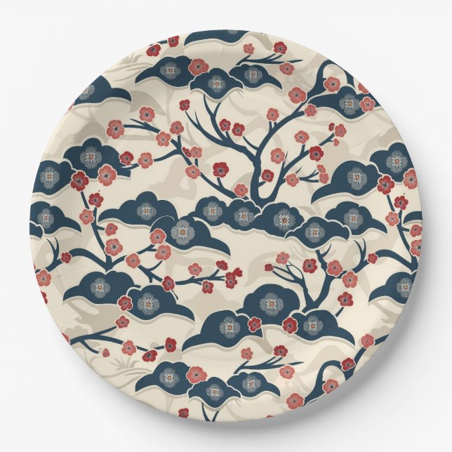 Elegant Cherry Blossom Seamless Pattern (2) Paper Plates (Front)