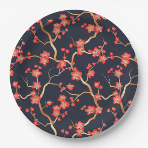 Elegant Cherry Blossom Seamless Pattern (3) Paper Plates