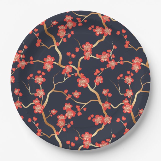 Elegant Cherry Blossom Seamless Pattern (3) Paper Plates (Front)