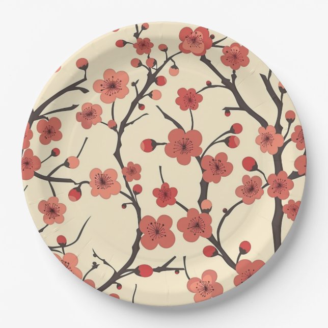 Elegant Cherry Blossom Seamless Pattern (4) Paper Plates (Front)