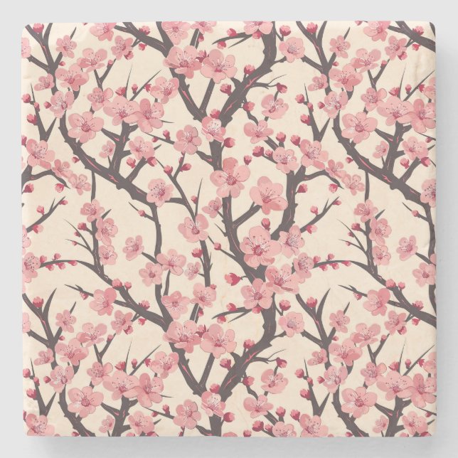 Elegant Cherry Blossom Seamless Pattern (6) Stone Coaster (Front)