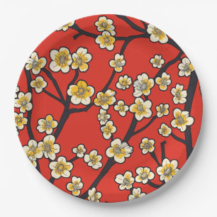 Elegant Cherry Blossom Seamless Pattern (9) Paper Plates