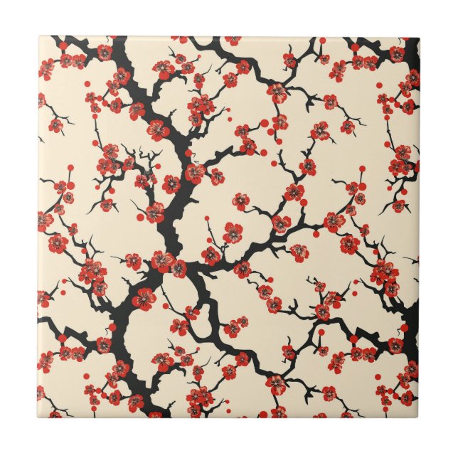 Elegant Cherry Blossom Seamless Pattern Ceramic Tile (Front)
