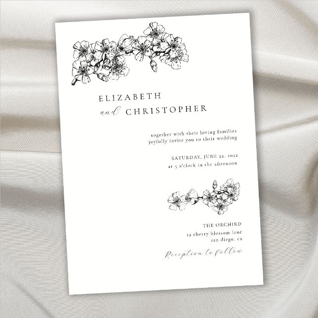 Elegant Cherry Blossom Sketch Botanical BW Wedding Invitation (Creator Uploaded)