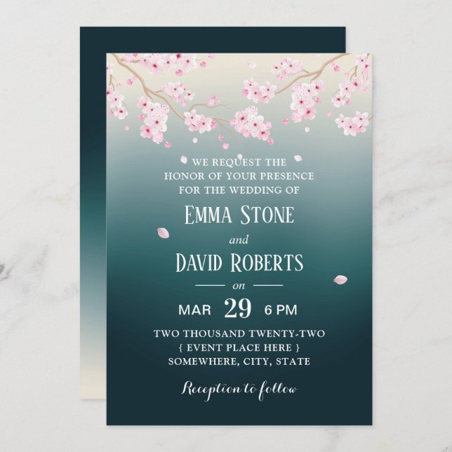 Elegant Cherry Blossom Teal Ombre Floral Wedding  Invitation (Front/Back)