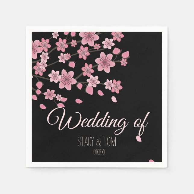 Elegant Cherry Blossom Tree Petals Black Wedding Napkins (Front)