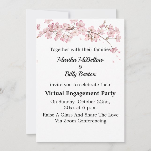 Elegant Cherry Blossom  Virtual Engagement Party Invitation (Front)