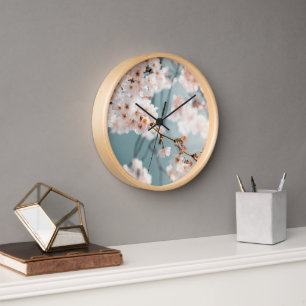 Elegant Cherry Blossom Wall Clock with Natural Woo