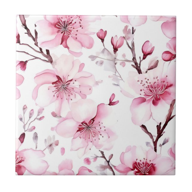 Elegant Cherry Blossom Watercolor Pattern Ceramic Tile (Front)