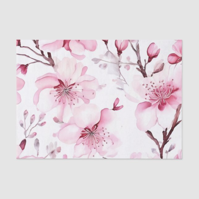 Elegant Cherry Blossom Watercolor Pattern Tissue Paper (Front)