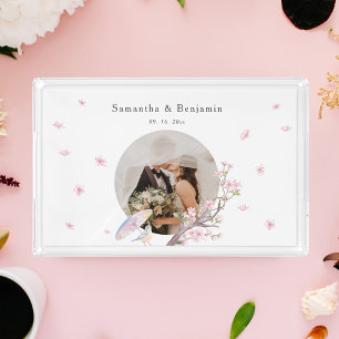 Elegant Cherry Blossom Wedding Newlywed Photo Acrylic Tray