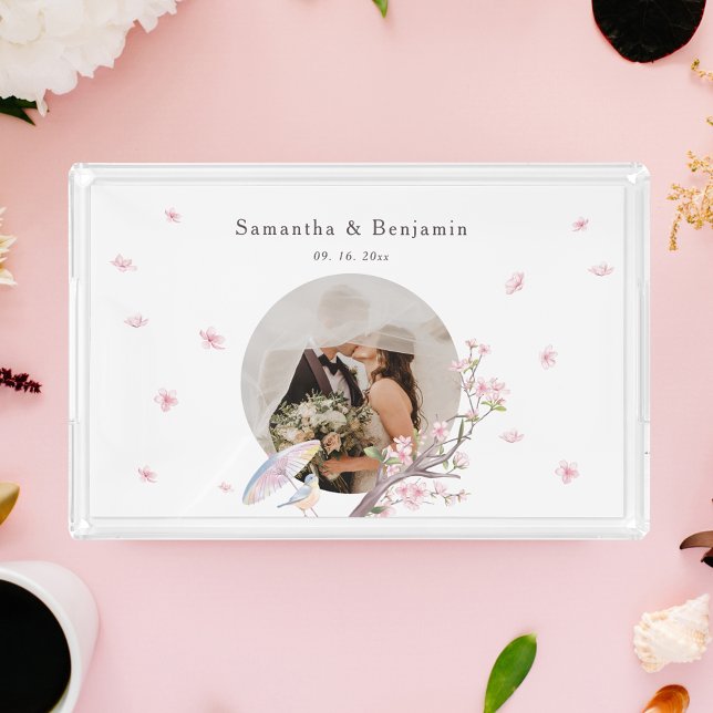 Elegant Cherry Blossom Wedding Newlywed Photo Acrylic Tray (Creator Uploaded)
