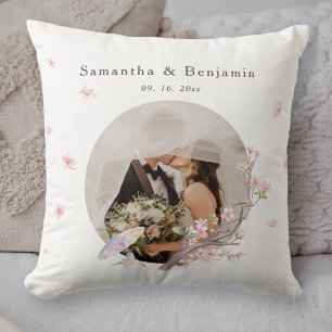 Elegant Cherry Blossom Wedding Photo Throw Pillow