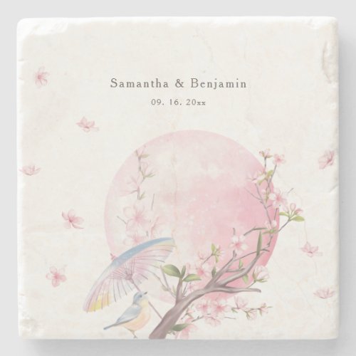 Elegant Cherry Blossom Wedding Stone Coaster