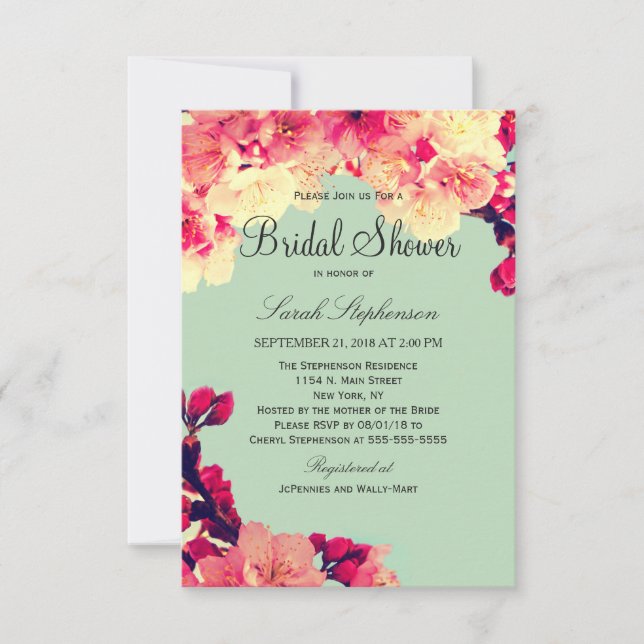 Elegant Cherry Blossoms on Rustic Teal Invitation (Front)
