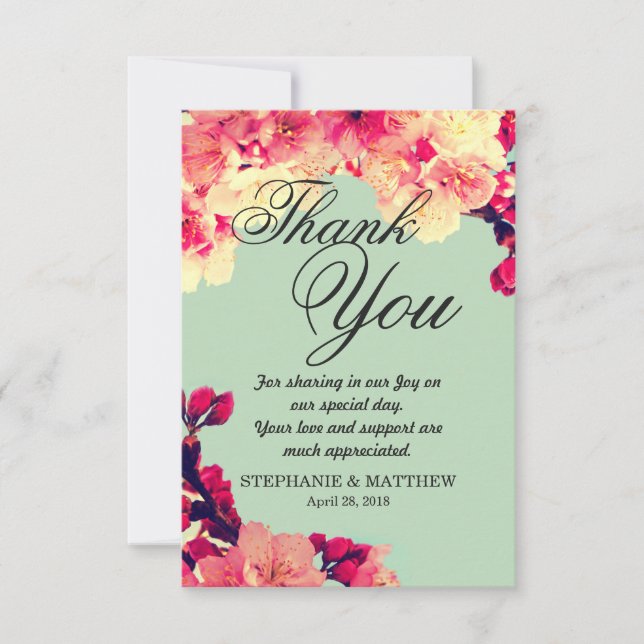 Elegant Cherry Blossoms on Rustic Teal Thank You Card (Front)