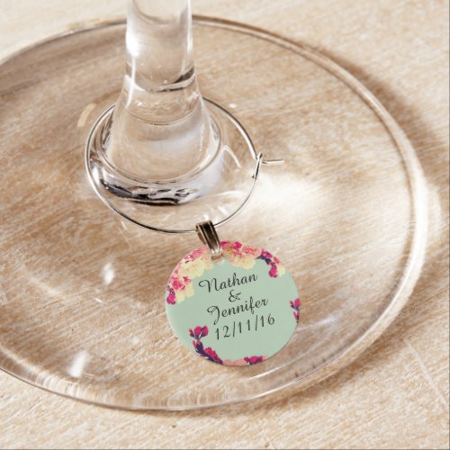 Elegant Cherry Blossoms on Rustic Teal Wine Glass Charm