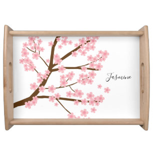 Elegant Cherry Blossoms Sakura Hand Lettering Cute Serving Tray