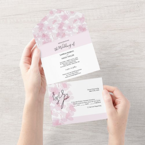 Elegant Cherry Blossoms Watercolor Hand_painted All In One Invitation