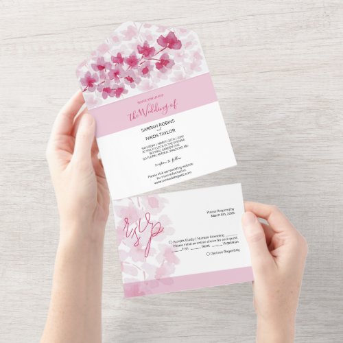 Elegant Cherry Blossoms Watercolor Hand_painted All In One Invitation