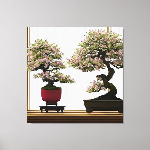 Elegant Cherry Bonsai Trees by Window Canvas Print