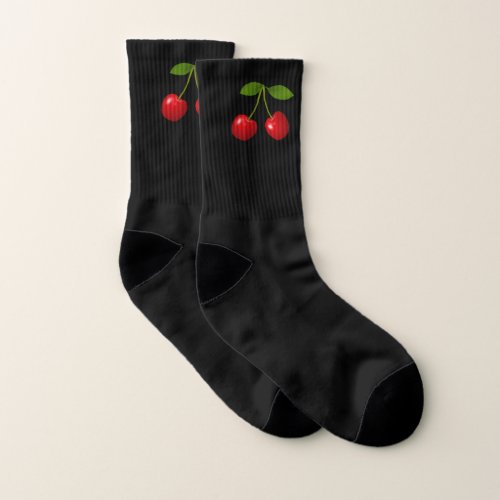 Elegant Cherry Fruits on Black Socks