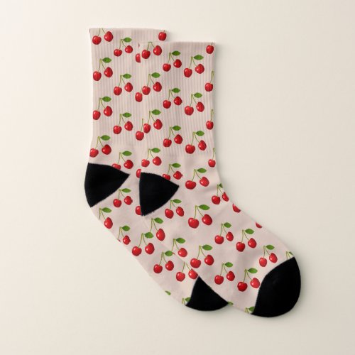 Elegant Cherry Fruits on Light Beige Socks