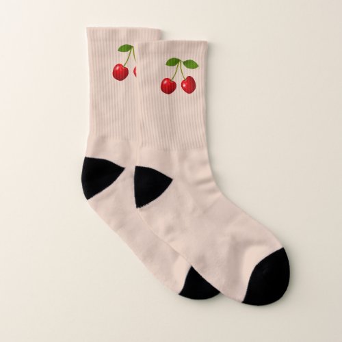 Elegant Cherry Fruits on Light Beige Socks