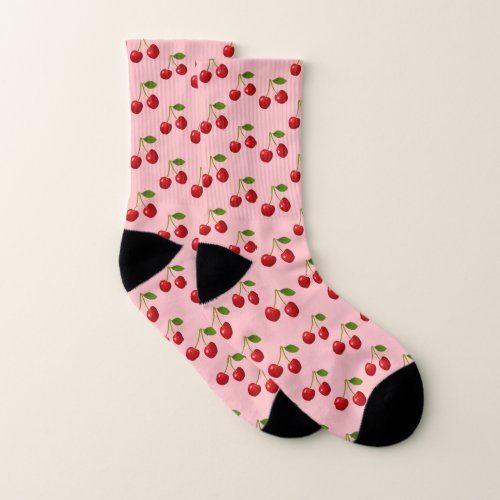 Elegant Cherry Fruits on Light Pink Socks