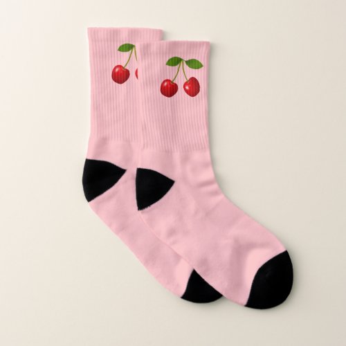 Elegant Cherry Fruits on Light Pink Socks