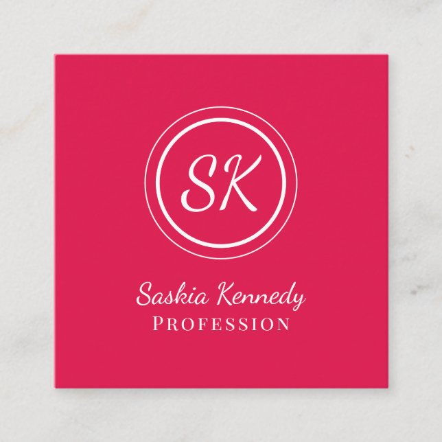 Elegant Cherry Red Script Professional Monogram Square Business Card (Front)