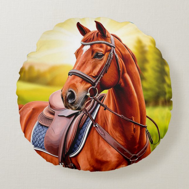 Elegant Chestnut Horse with Saddle Round Pillow (Front)