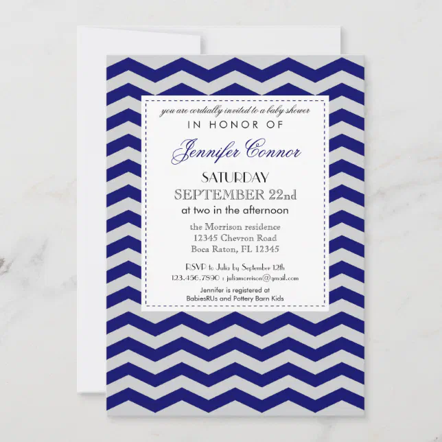 Elegant Chevron Baby Shower Navy Blue Invitation | Zazzle