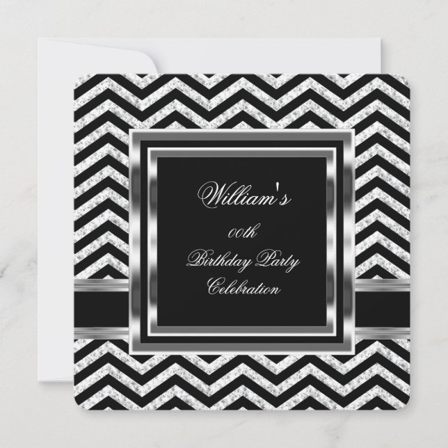 Elegant Chevron Black Silver Birthday Party Mens Invitation (Front)