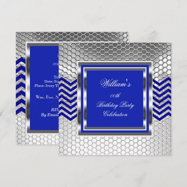 Elegant Chevron Blue Silver Birthday Party Mens Invitation (Front/Back)