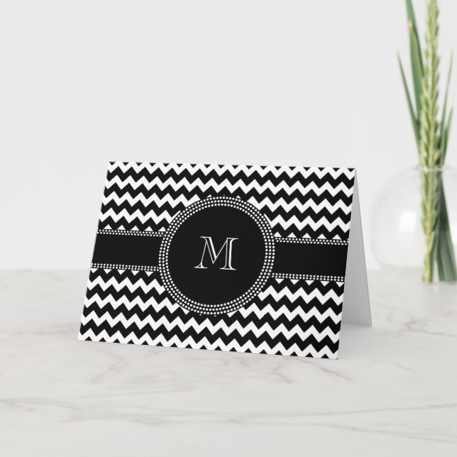 Elegant Chevron Chic Black and White Monogram Note Card (Front)