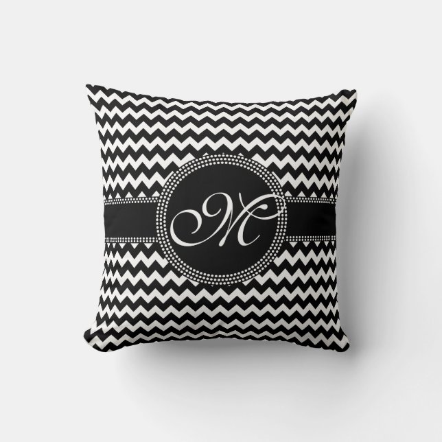 Elegant Chevron Chic Black and White Monogram Throw Pillow (Front)