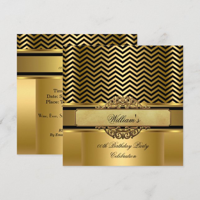 Elegant Chevron Gold Black Stripe Birthday Party Invitation (Front/Back)