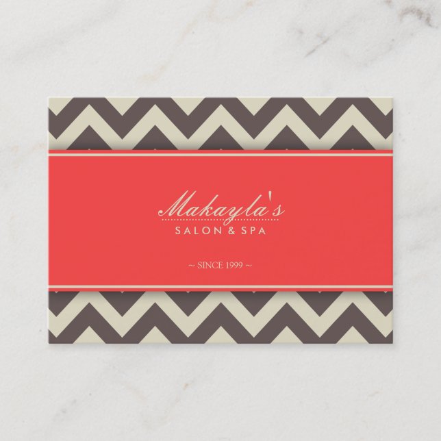 Elegant Chevron Modern Brown, Green and Coral Business Card (Front)