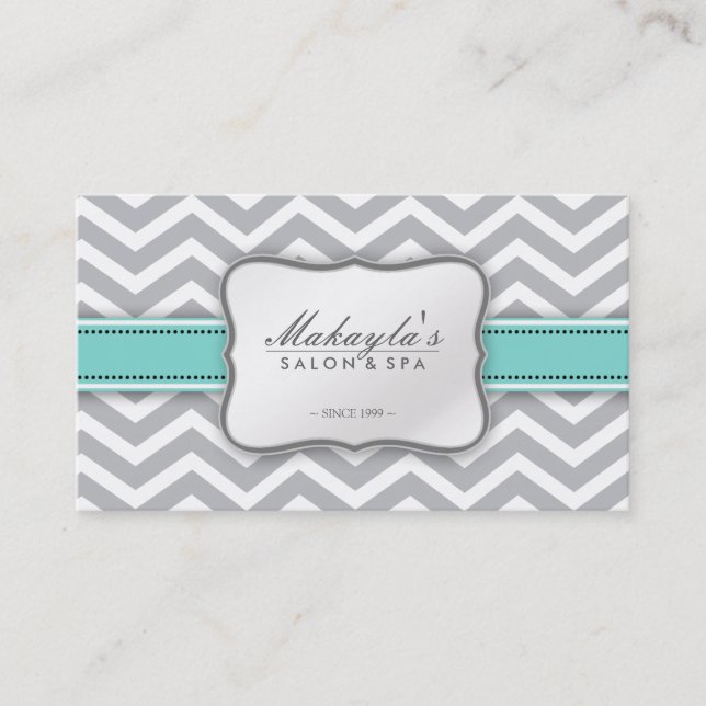 Elegant Chevron Modern Gray, white and Blue Business Card (Front)