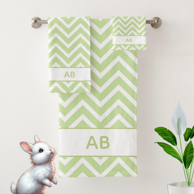 Elegant Chevron Pattern & Monogram on Sage Green Bath Towel Set (Creator Uploaded)