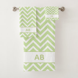 Elegant Chevron Pattern & Monogram on Sage Green Bath Towel Set