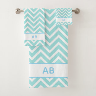 Elegant Chevron Pattern & Monogram on Turquoise Bath Towel Set