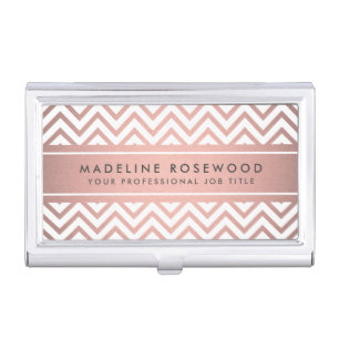 Elegant Chevron Pattern & Name Pink Rose Gold Business Card Case