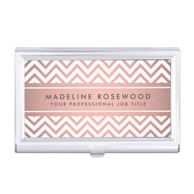 Elegant Chevron Pattern & Name Pink Rose Gold Business Card Case (Front)