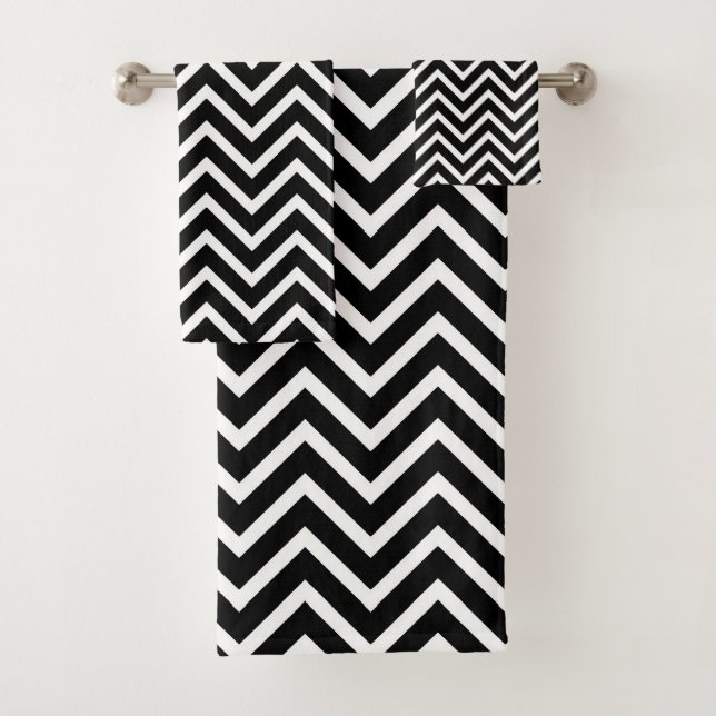 Elegant Chevron Pattern on Black and White Bath Towel Set (Insitu)