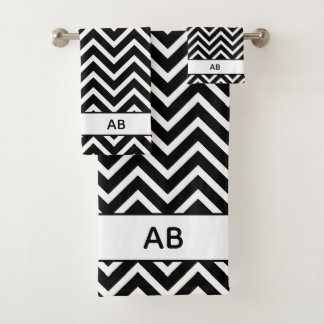 Elegant Chevron Pattern on Black White Monogrammed Bath Towel Set