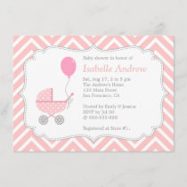 Elegant, Chevron, Pink Pram, Girl Baby Shower Invitation